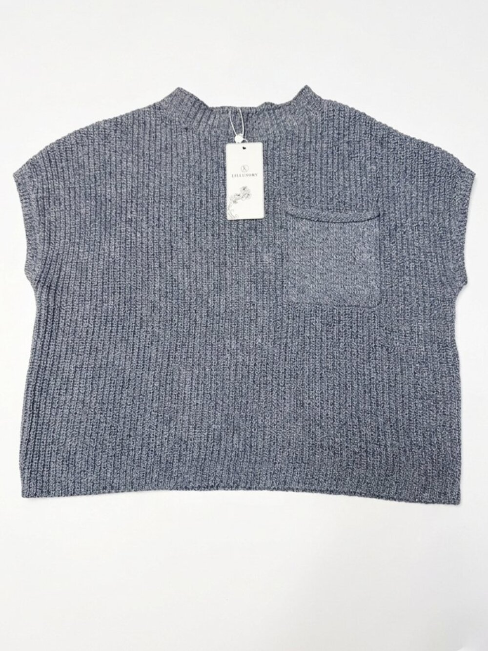 NWT Lillusory Oversized Cap Sleeve Knit Sweater Vest Pocket Gray Blue XS